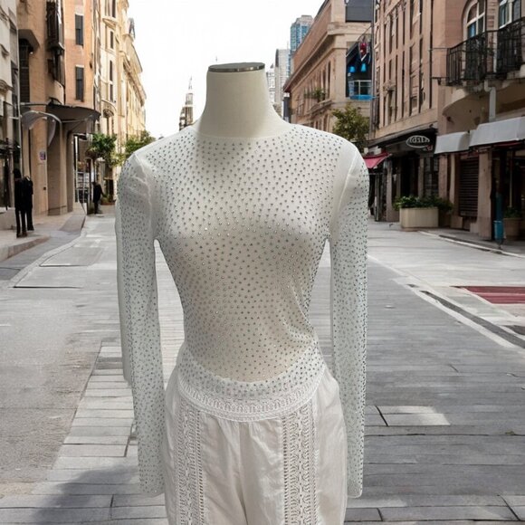 Small Rhinestone Embellished Sheer Mesh Top Party Glam Clubbing Festival Evening - Picture 1 of 8